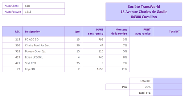 Tableau Excel pour exercice débutant sur la facturation Client