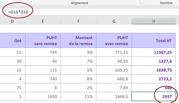 Formule dynamique du total hors taxes remisé adaptée automatiquement sur la hauteur du tableau Excel