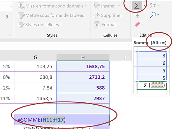 Somme automatique Excel pour calculer le montant total hors taxes de la facture du client