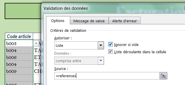 Créer liste déroulante Excel sur plage de cellules avec nom