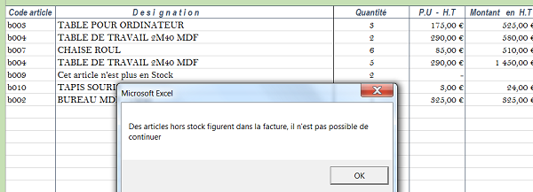 Programme VBA Excel pour empêcher édition facture hors stock