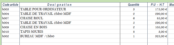 Facturation client Excel sur catalogue évolutif