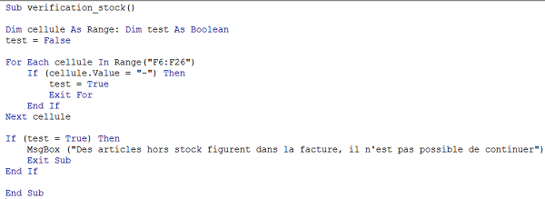 Code VBA pour vérifier les stocks épuisés, facture Excel