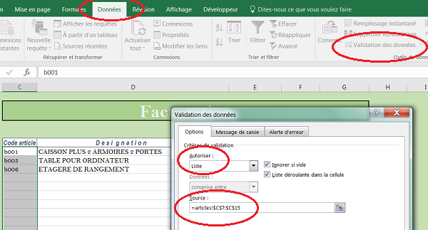 Création liste déroulante des références catalogue de la facture