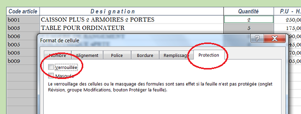 Déverrouiller des cellules avant de protéger la feuille Excel