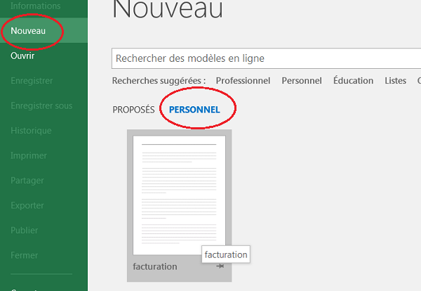 Nouvelle facture Excel à partir du modèle créé