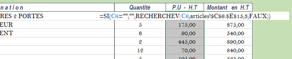 Affichage automatique prix unitaire article pour facture Excel