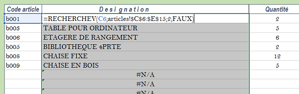 Récupération automatique des désignations articles pour facturation Excel