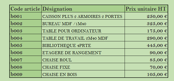 Référentier code articles pour facturation Excel