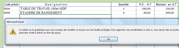 Cellules de calculs et formules protégées dans la facture Excel