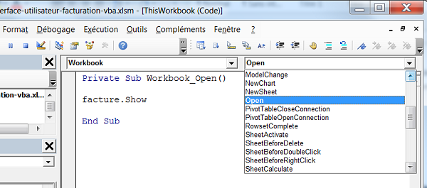 Code qui se déclenche sur événement ouverture classeur Excel