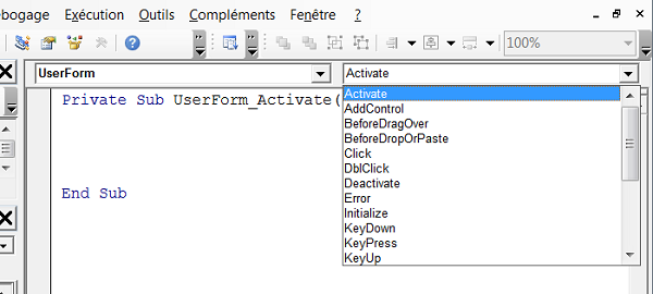 Procédure événementielle activation du formulaire VBA