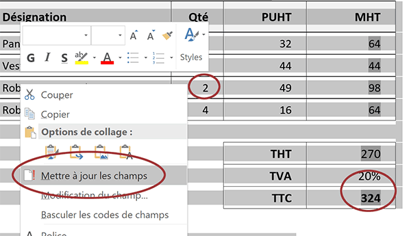 Actualiser les calculs de la facture dans le tableau Word en mettant à jour les champs