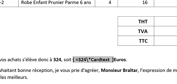 Code de champ Word pour traduire automatiquement un montant numérique dans son équivalent en texte