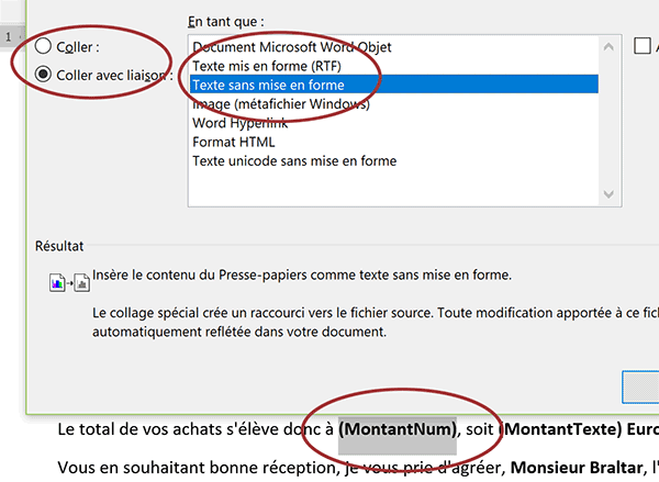 Coller les valeurs numériques avec liaison pour actualiser automatiquement les calculs dans Word