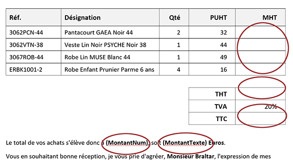 Cellules vides du tableau Word pour accueillir les calculs des montants hors taxes de la facture client