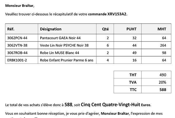 Tableau modèle de facturation Word avec transciption automatique du montant numérique en toutes lettres