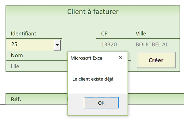 Création du client existant déjà en base de données Excel refusée par le code VBA