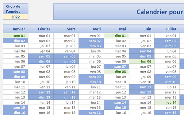 Calendrier Excel automatique annuel et perpétuel