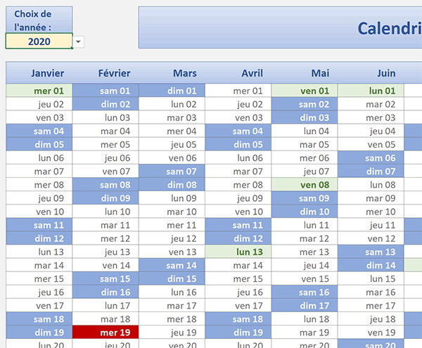 Surligner automatiquement les jours fériés calculés dans un calendrier annuel Excel avec une règle de mise en forme conditionnelle