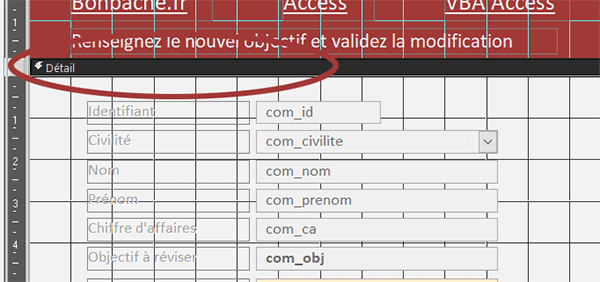 Sélectionner la zone de détail du formulaire Access en conception