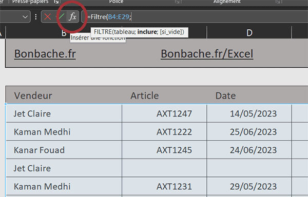 Assistant fonction Filtre avec Excel