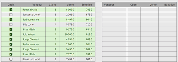 Tableau Excel des données à filtrer en fonction des cases cochées