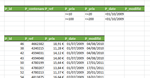 Extraction de valeurs de base de données Excel par filtre avancé