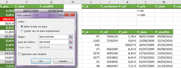 Filtre avancé sur base de données Excel pour extraction multi-critères