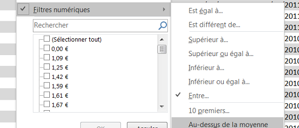 Filtres numériques avec opérateurs pour trier rapidement les données Excel