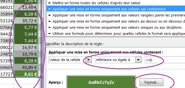 Mise en forme conditionnelle sur champ numérique pour filtre format couleur