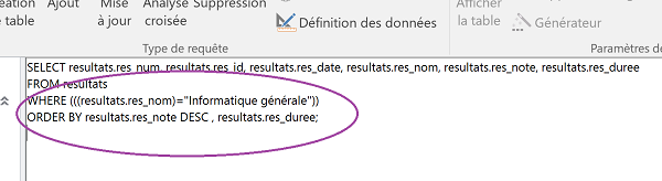 Code SQL de la requête sélection avec critère, conçue avec éditeur Access