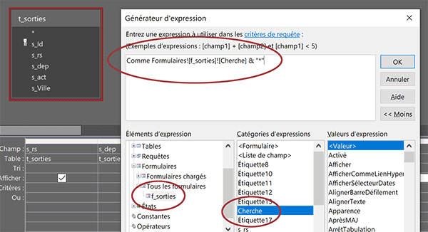 Expression de correspondance entre requête et formulaire Access pour filtrer au cours de la saisie