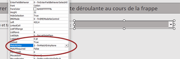 Propriété de liste déroulante VBA Excel pour poursuivre la saisie sur les caractères cherchés