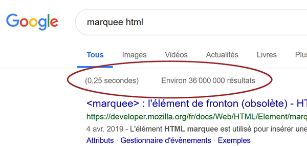Défilement Html dans moteur de recherche Google avec balise marquee