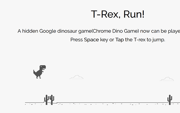 Jeu course obstacles avec dinosaure T-Rex dans moteur de recherche Google
