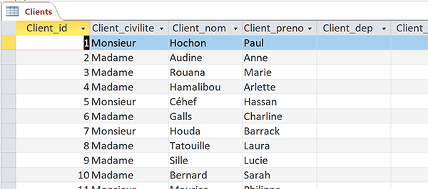 Contenu de la table des clients dans la base de données Access