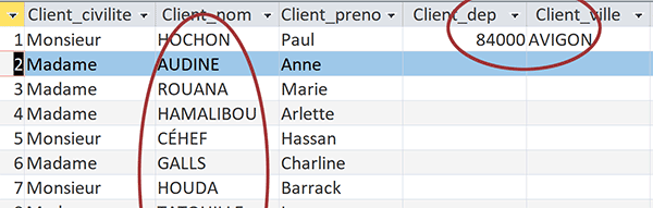 Format majuscule et alignement à droite dans colonnes de table de base de données Access