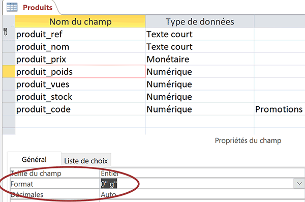 Formater champs avec unité de mesure dans table de base de données Access