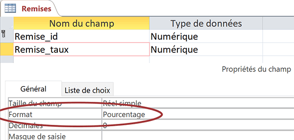 Formater un champ de table Access en pourcentage pour les taux de remise