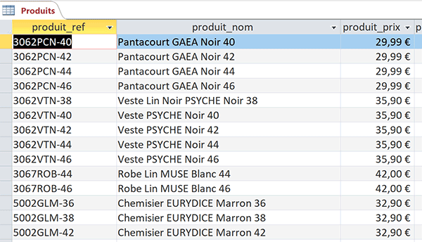 Table Access des articles à vendre avec références et prix