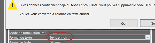 Format texte enrichi pour champ Access et recevoir les opérations de mise en forme