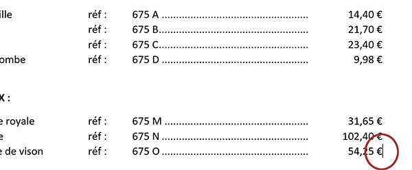 Placer point insertion fin dernière colonne Word pour remonter et sélectionner tous les prix
