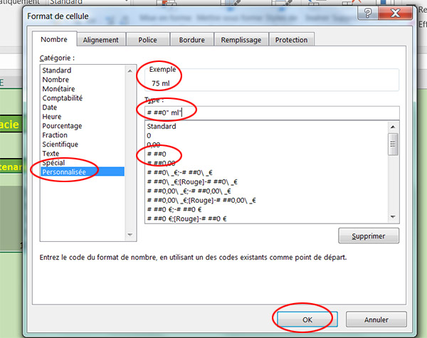 Création format numérique personnalisé, unité de mesure