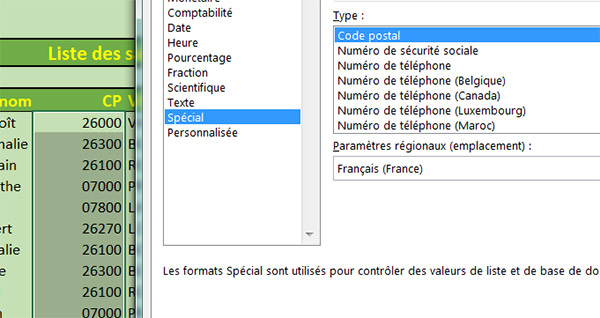Mise en forme Excel pour les codes postaux
