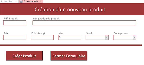 Formulaire Access de création de nouveaux produits à construire intégralement