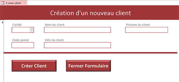 Formulaire Access pour créer un nouveau client à concevoir