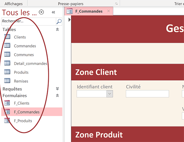 Tables et formulaires de la base de données Access