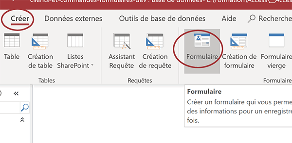 Création automatique du formulaire sur une table Access sélectionnée