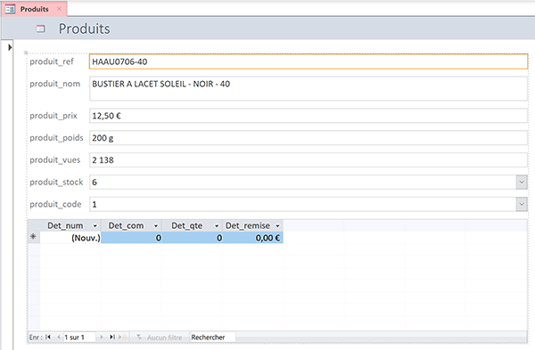 Formulaire Access construit automatiquement pour consulter les produits en vente